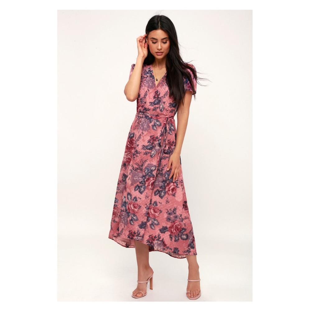 WAYF Lorna Mauve Floral Wrap Midi Dress Sz.S NWT